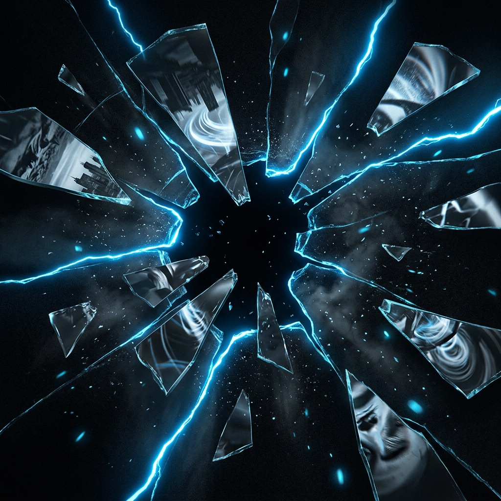 Reality Fractures - Shattered glass reality with electric blue energy
